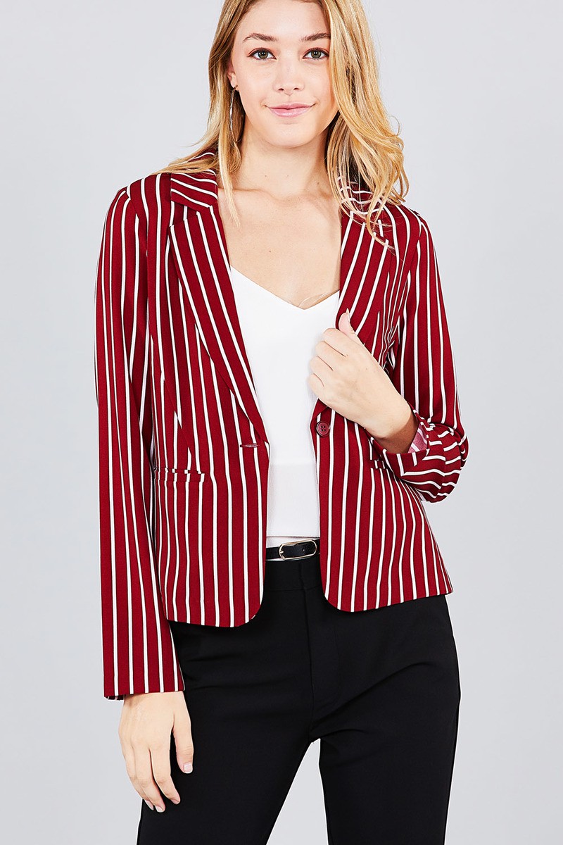 Long sleeve notched collar princess seam w/back slit striped jacket