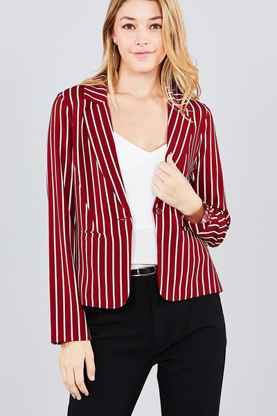 Long sleeve notched collar princess seam w/back slit striped jacket