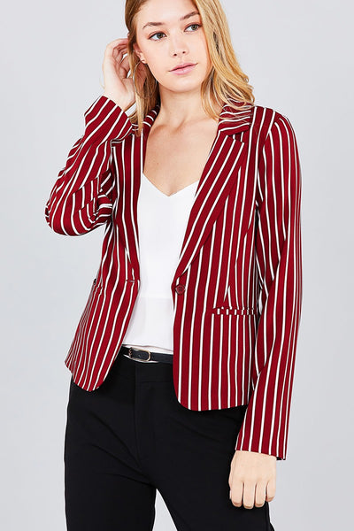 Long sleeve notched collar princess seam w/back slit striped jacket
