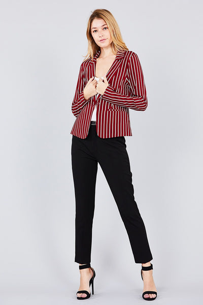 Long sleeve notched collar princess seam w/back slit striped jacket