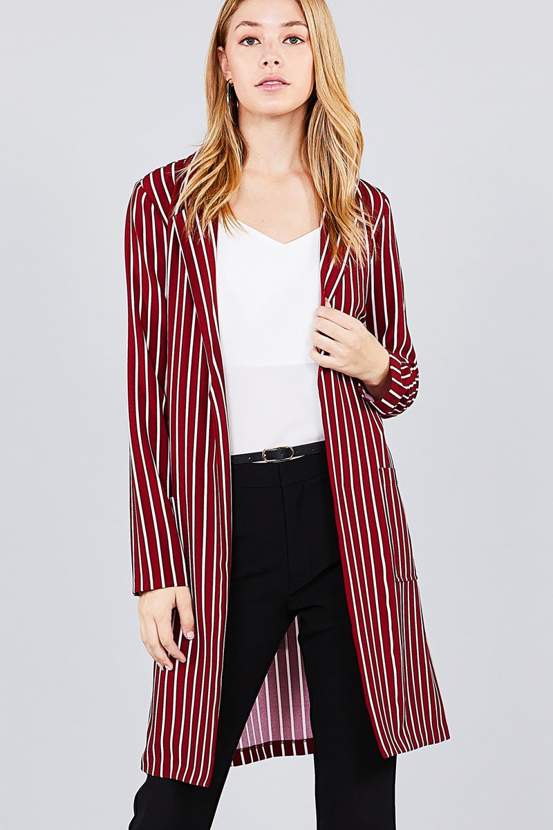 Long sleeve notched collar open front striped long jacket