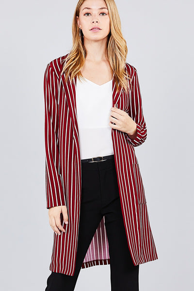 Long sleeve notched collar open front striped long jacket