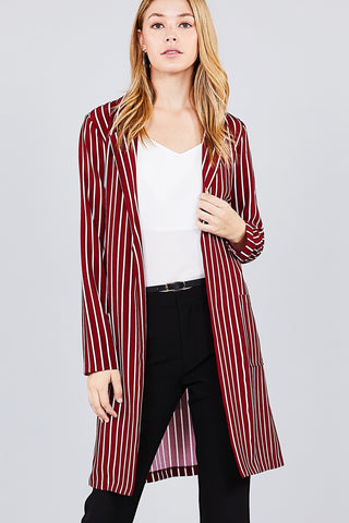 Long sleeve notched collar open front striped long jacket