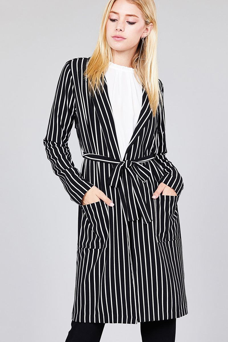 Long sleeve notched collar open front striped long jacket