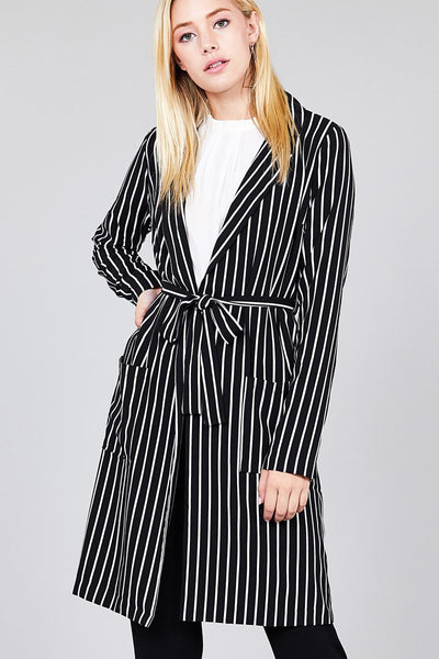 Long sleeve notched collar open front striped long jacket