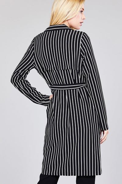 Long sleeve notched collar open front striped long jacket