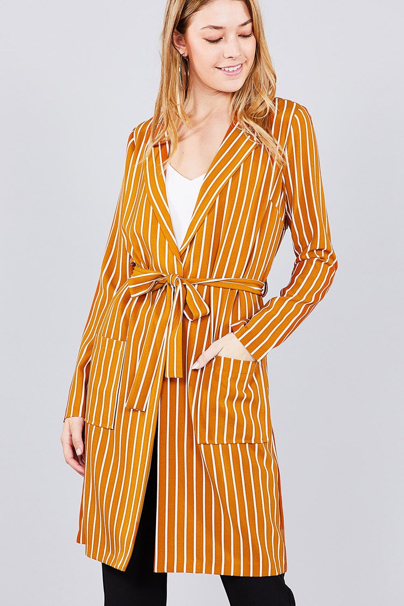 Long sleeve notched collar open front striped long jacket