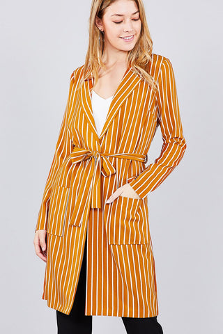 Long sleeve notched collar open front striped long jacket