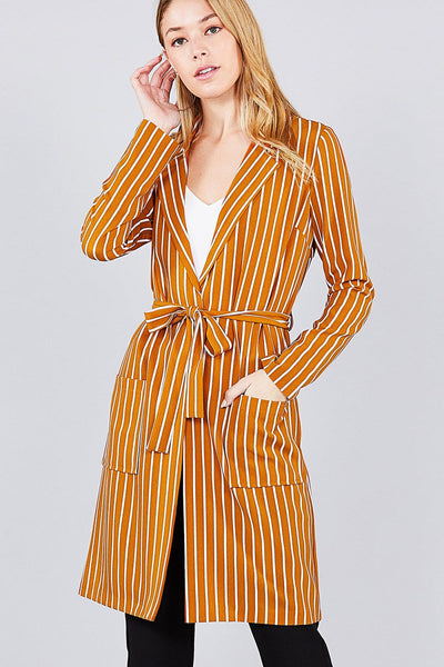 Long sleeve notched collar open front striped long jacket