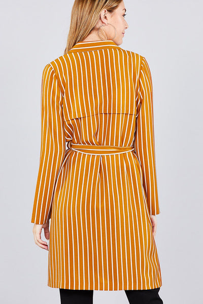 Long sleeve notched collar open front striped long jacket