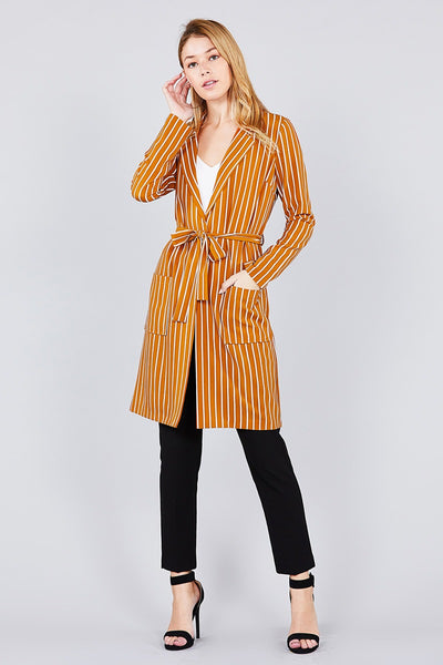 Long sleeve notched collar open front striped long jacket