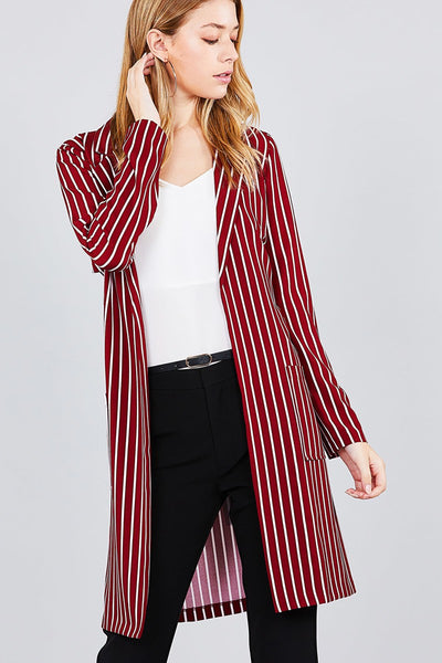 Long sleeve notched collar open front striped long jacket