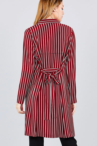 Long sleeve notched collar open front striped long jacket