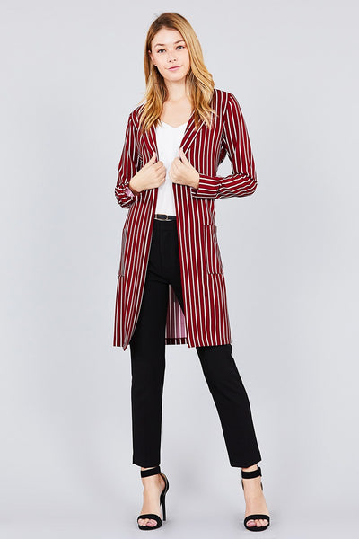 Long sleeve notched collar open front striped long jacket