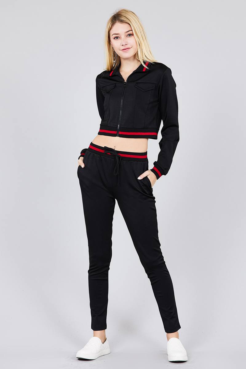 Contrast stripe patch pocket jacket and drawstring waist jogger pants set