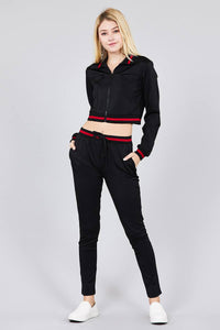 Contrast stripe patch pocket jacket and drawstring waist jogger pants set