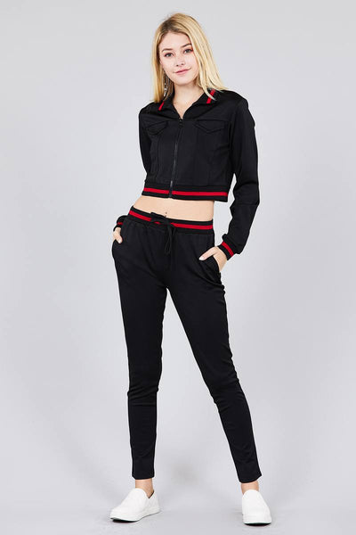 Contrast stripe patch pocket jacket and drawstring waist jogger pants set