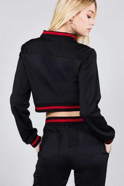 Contrast stripe patch pocket jacket and drawstring waist jogger pants set