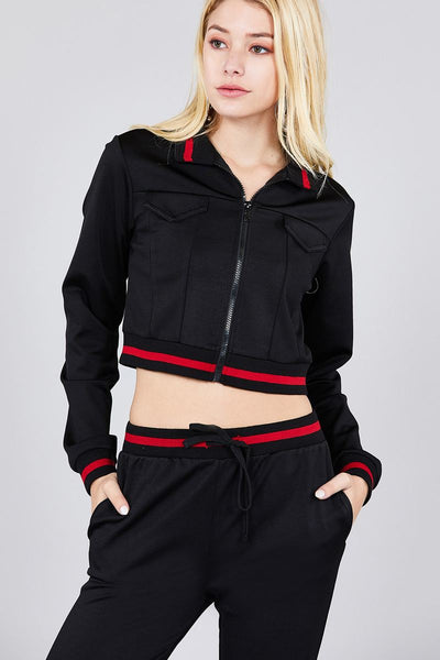 Contrast stripe patch pocket jacket and drawstring waist jogger pants set