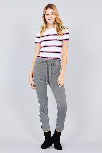 Short sleeve round neck multi stripe rib sweater top