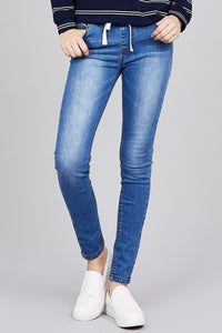 Waist drawstring washed denim jogger skinny pants