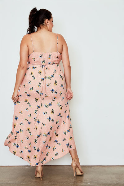 Plus Size Peach Flower Print Hi-low Wrap Midi Dress