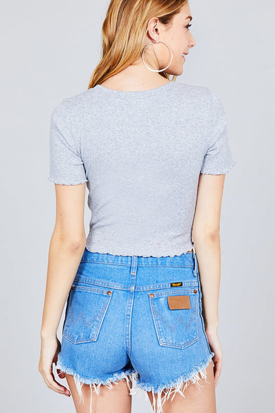 Short Sleeve Round Neck Lettuce Hem Rib Crop Top