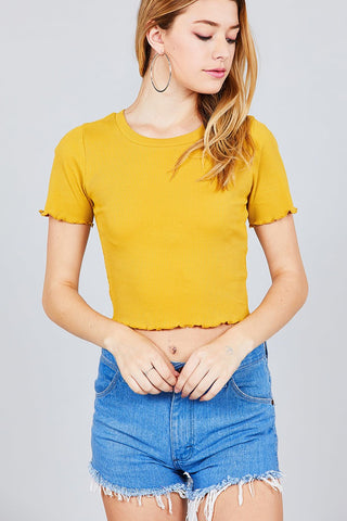 Short Sleeve Round Neck Lettuce Hem Rib Crop Top