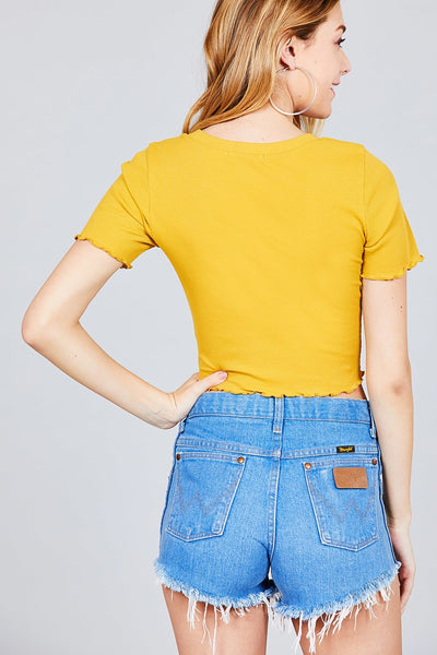 Short Sleeve Round Neck Lettuce Hem Rib Crop Top