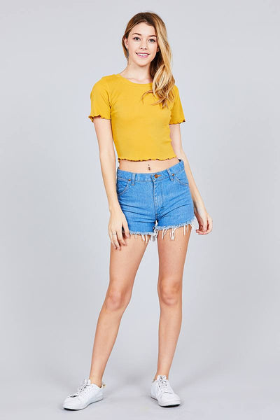 Short Sleeve Round Neck Lettuce Hem Rib Crop Top