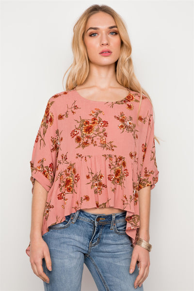 Floral Multi Peach High Low Round Neck Top
