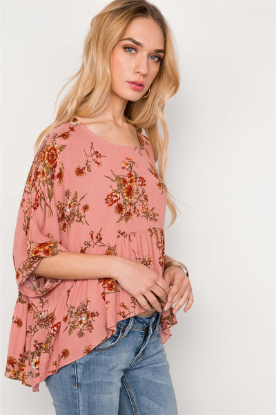 Floral Multi Peach High Low Round Neck Top