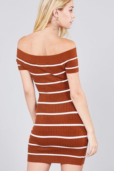 Short Sleeve Off The Shoulder Striped Mini Sweater Dress