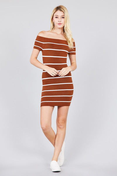 Short Sleeve Off The Shoulder Striped Mini Sweater Dress