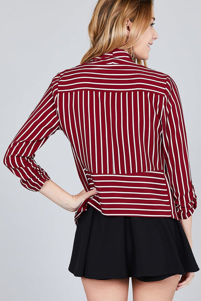 Shirring Sleeve Open Front W/label Striped Jacket