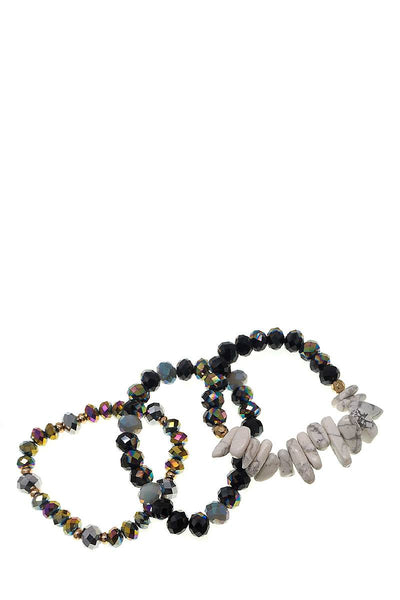 Multi Beaded Stone 3 Piece Set Stretch Bracelet