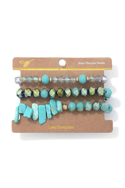 Multi Beaded Stone 3 Piece Set Stretch Bracelet