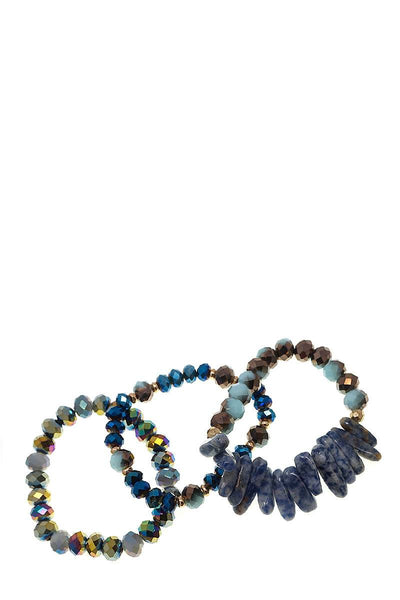Multi Beaded Stone 3 Piece Set Stretch Bracelet