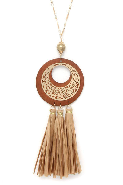 Cutout Circle Raffia Tassel Pendant Necklace