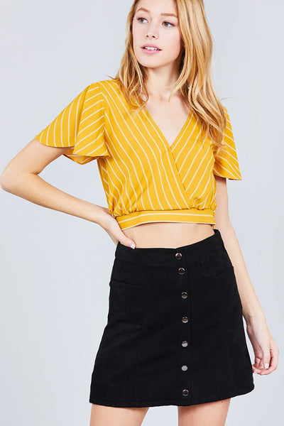 Short Sleeve V-neck W/surplice Tie Detail Multi Stripe Print Woven Top