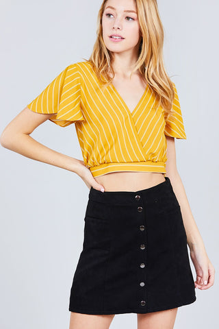 Short Sleeve V-neck W/surplice Tie Detail Multi Stripe Print Woven Top