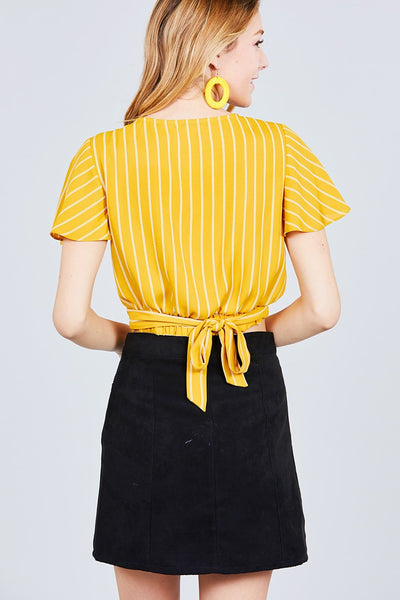 Short Sleeve V-neck W/surplice Tie Detail Multi Stripe Print Woven Top