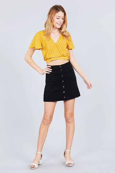 Short Sleeve V-neck W/surplice Tie Detail Multi Stripe Print Woven Top