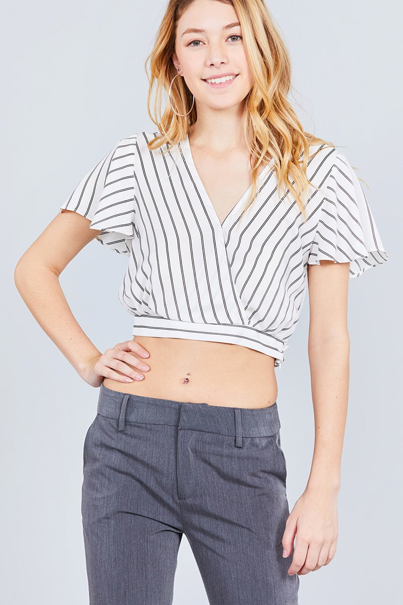 Short Sleeve V-neck W/surplice Tie Detail Multi Stripe Print Woven Top