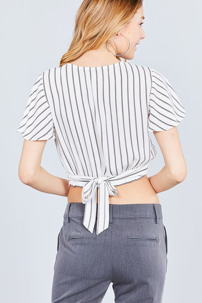 Short Sleeve V-neck W/surplice Tie Detail Multi Stripe Print Woven Top