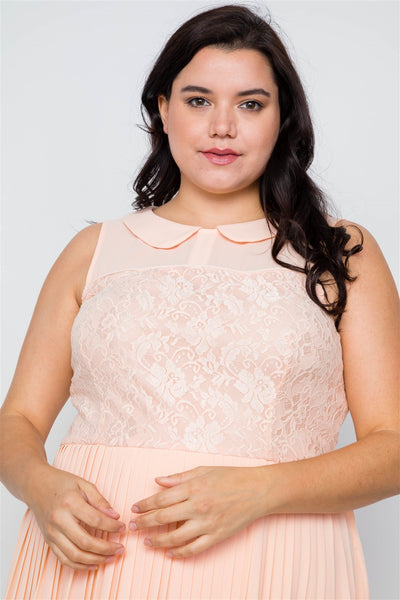 Plus Size Peach Pleated Chiffon Lace Sleeveless Dress