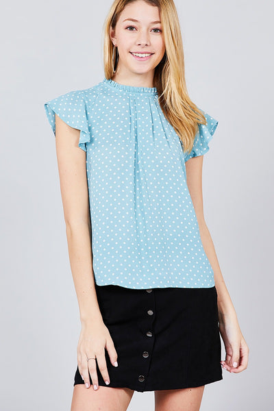 Short Sleeve Ruffle Neck Back Button Dot Print Woven Top