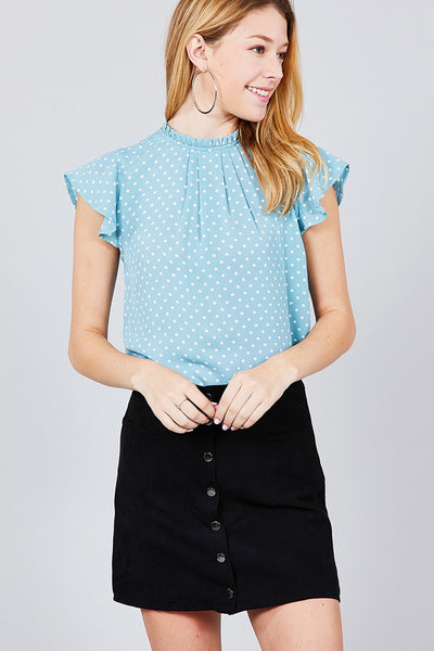 Short Sleeve Ruffle Neck Back Button Dot Print Woven Top