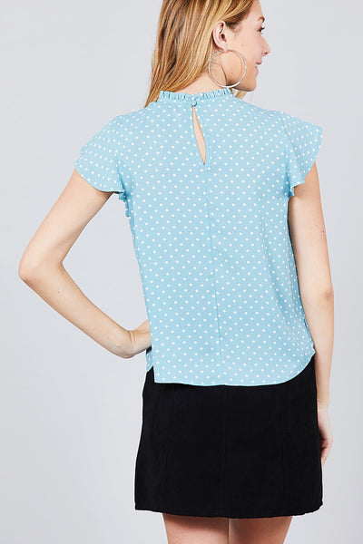 Short Sleeve Ruffle Neck Back Button Dot Print Woven Top