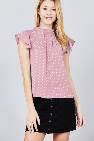 Short Sleeve Ruffle Neck Back Button Dot Print Woven Top